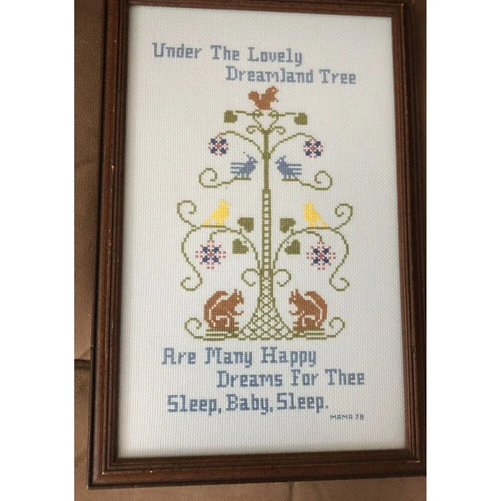 Completed Cross Stitch Framed Wall Hanging SLEEP BABY SLEEP 15”x 12” Nursery Art